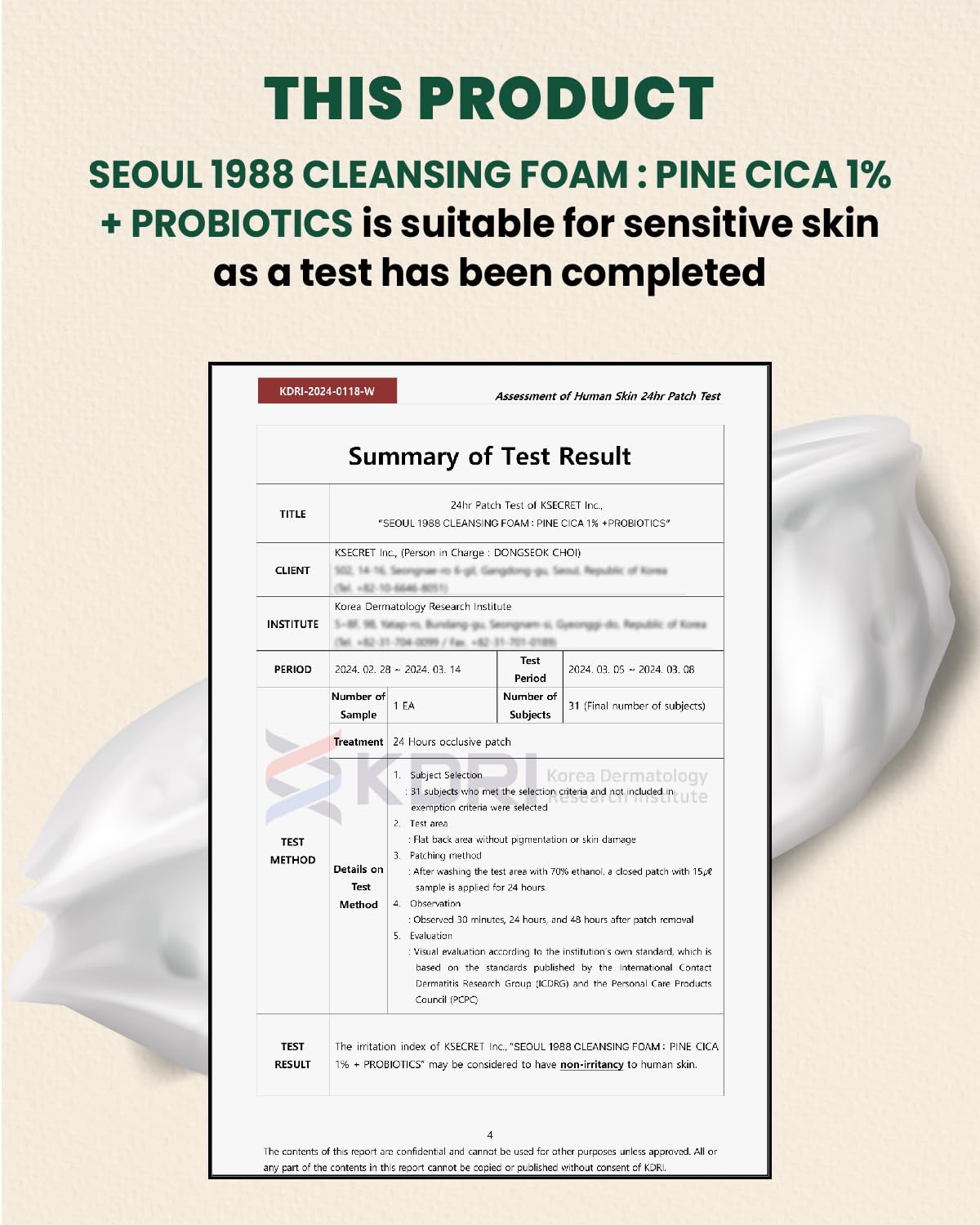 KSECRET Seoul 1988 Cleansing Foam: Pine Cica 1% + Probiotics 150ml - H ART