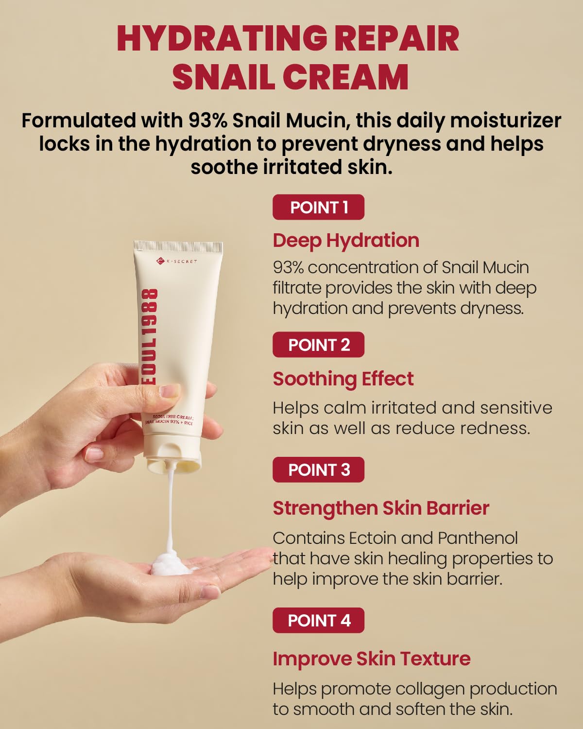 KSECRET Seoul 1988 Cream: Snail Mucin 93% + Rice 100ml - H ART